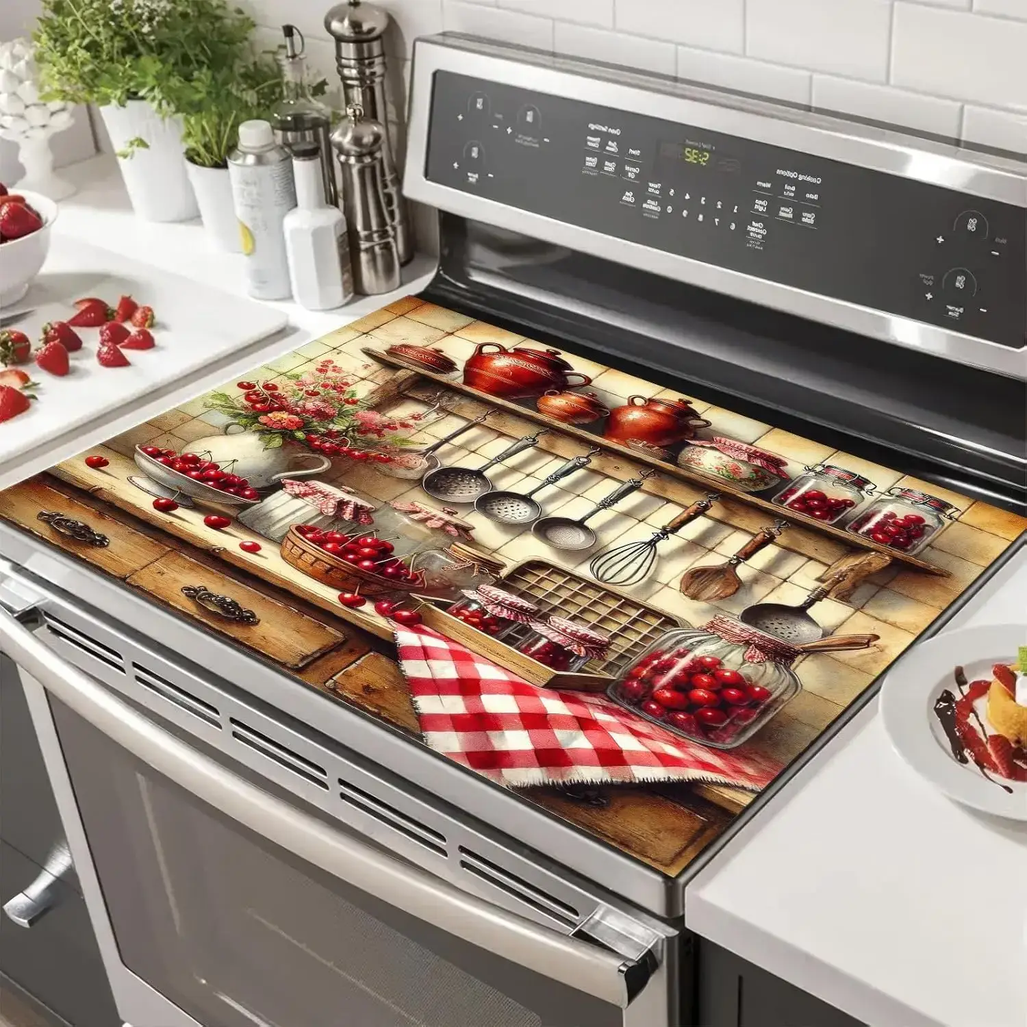 Vintage Cherry Diatomite Stove Top Cover Heat Resistant Non Slip Protector Mat for Electric Cooktop